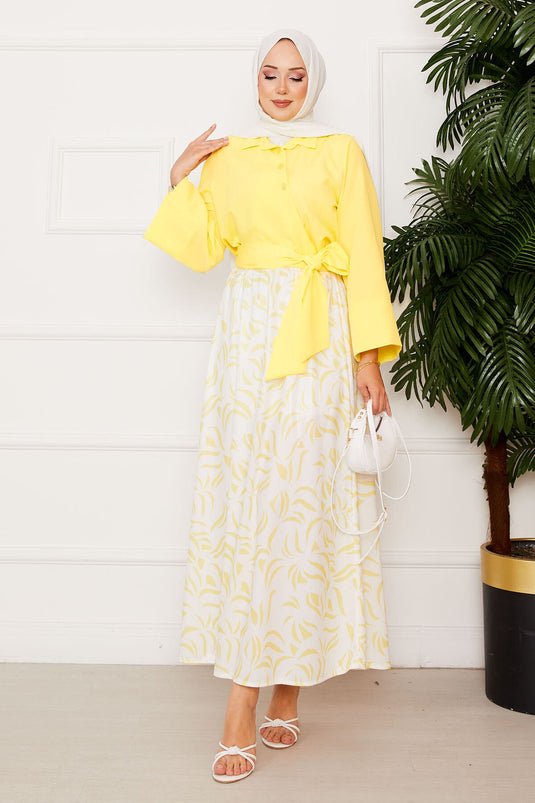 Chemise avec ceinture et jupe à manches larges, tailleur jaune
