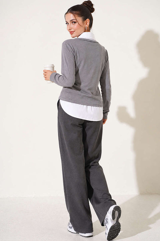 Gömlek Garni Detaylı Sweatshirt Gri