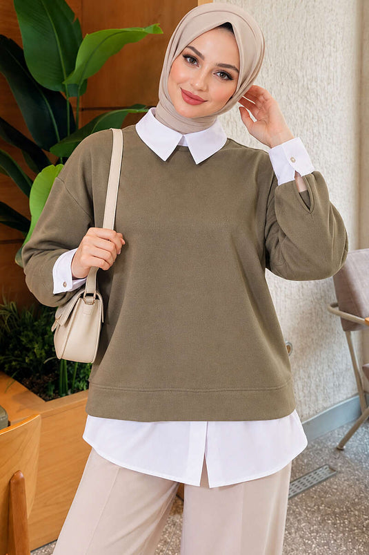 Gömlek Garnili Basic Tunik Haki