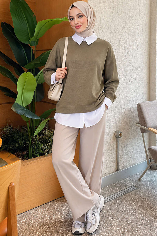 Gömlek Garnili Basic Tunik Haki