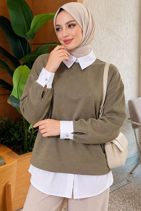 Gömlek Garnili Basic Tunik Haki