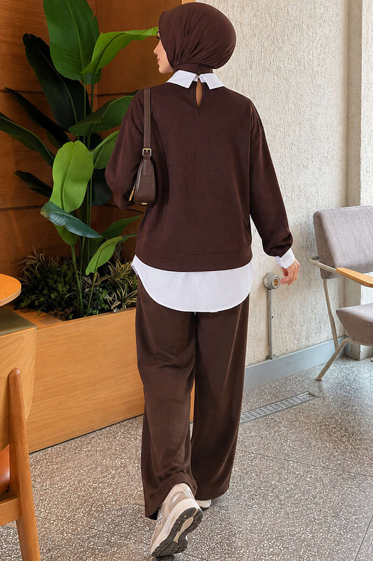 Gömlek Garnili Basic Tunik Kahve