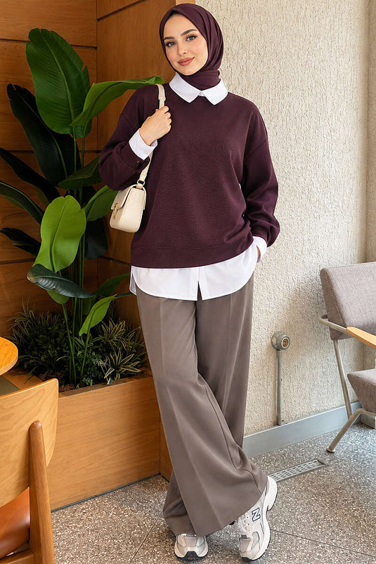 Gömlek Garnili Basic Tunik Mürdüm