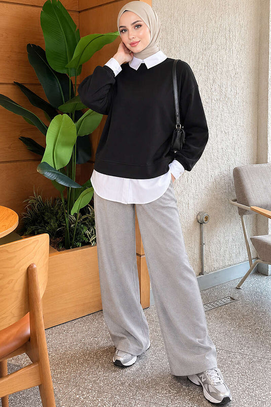 Gömlek Garnili Basic Tunik Siyah