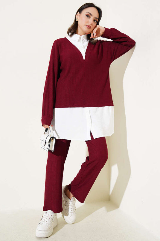 Shirt with Ruffled Tunic Two-Piece Set Burgundy