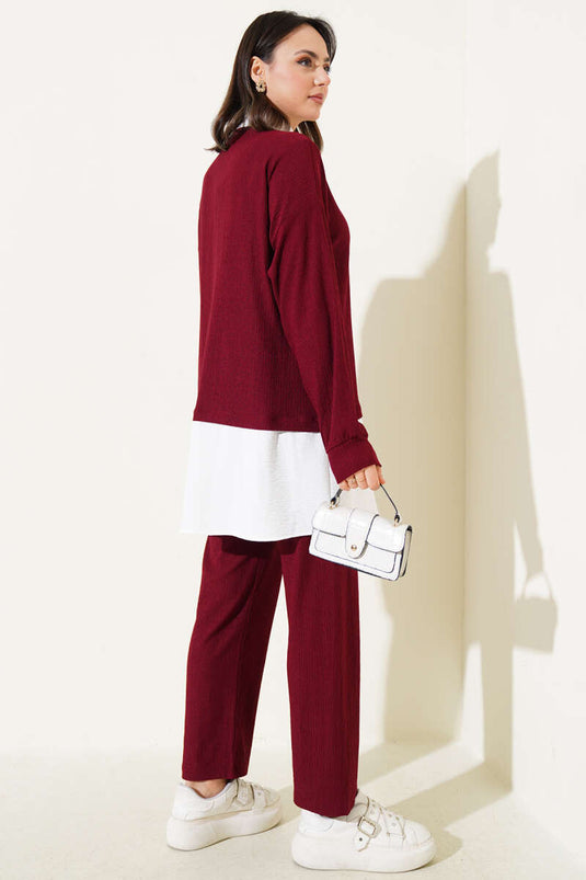 Shirt with Ruffled Tunic Two-Piece Set Burgundy