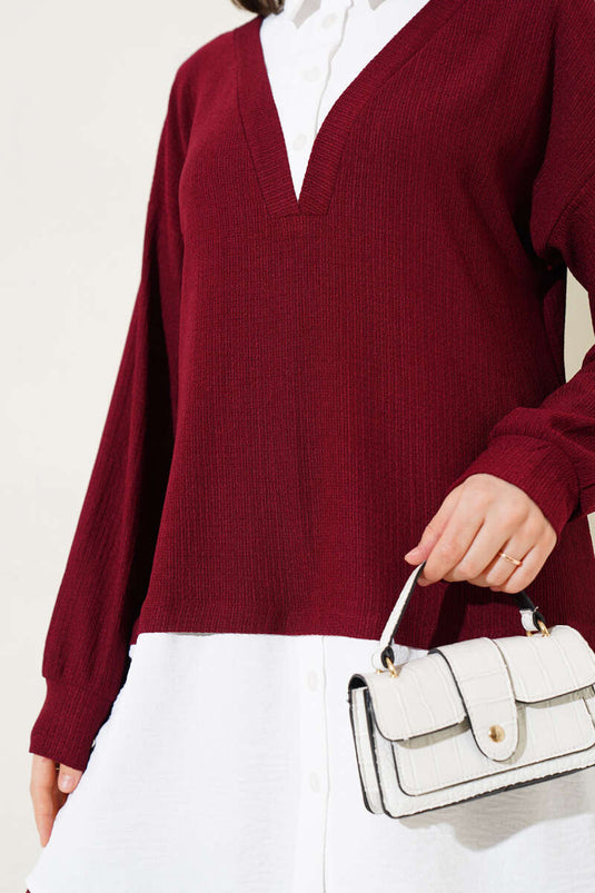 Shirt with Ruffled Tunic Two-Piece Set Burgundy