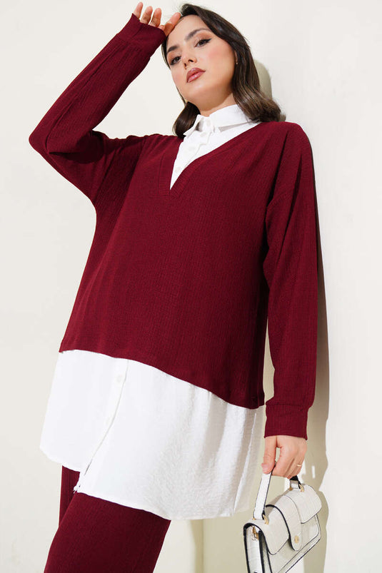 Shirt with Ruffled Tunic Two-Piece Set Burgundy