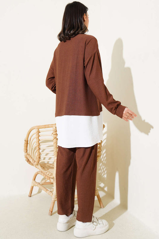 Ensemble deux pièces chemise et tunique en crêpe garnie marron