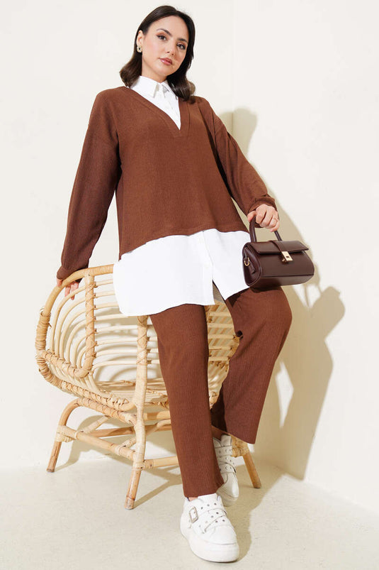 Shirt Collared Pleated Tunic Two-Piece Set Brown