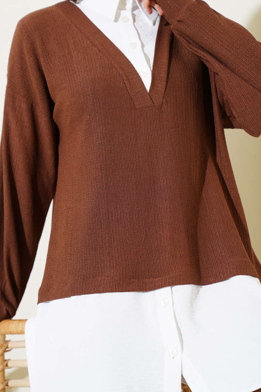 Shirt Collared Pleated Tunic Two-Piece Set Brown