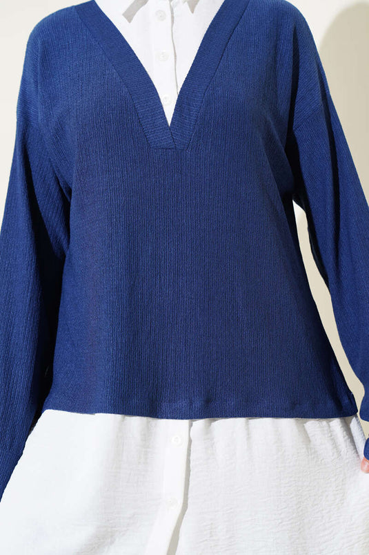 Shirt with Ruffled Tunic Two-Piece Set Navy Blue