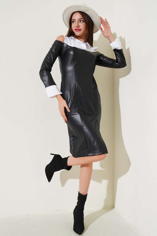Shirt Garnish Leather Dress Black