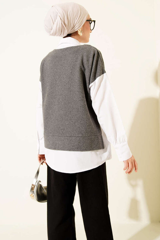 Gömlek Garnili Düğmeli Tunik Füme