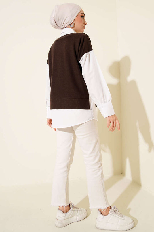 Gömlek Garnili Düğmeli Tunik Kahve