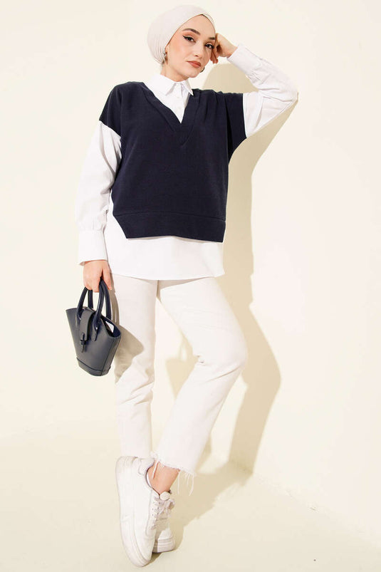 Gömlek Garnili Düğmeli Tunik Lacivert