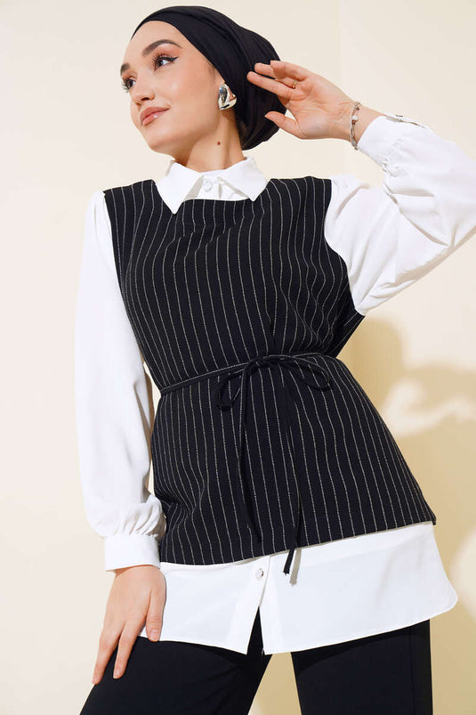 Chemise Garnie Ceinturée Costume Rayé Noir