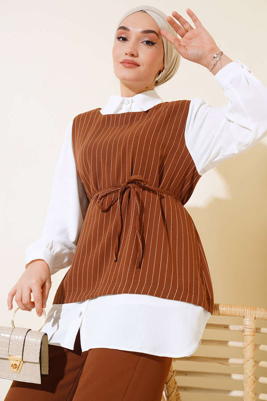 Chemise Garnie Ceinturée Costume Rayé Tan