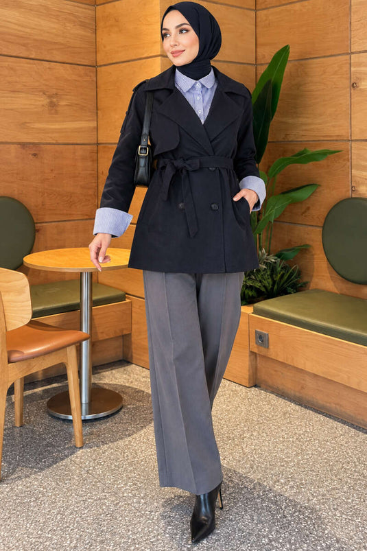 Abrigo Trench Azul Marino Con Cinturón Y Camisa Acolchada