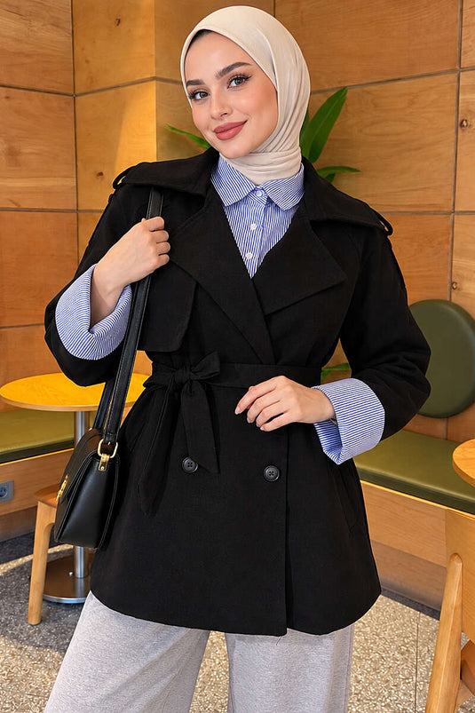 Imperméable Noir À Ceinture Et Matelassé Avec Chemise