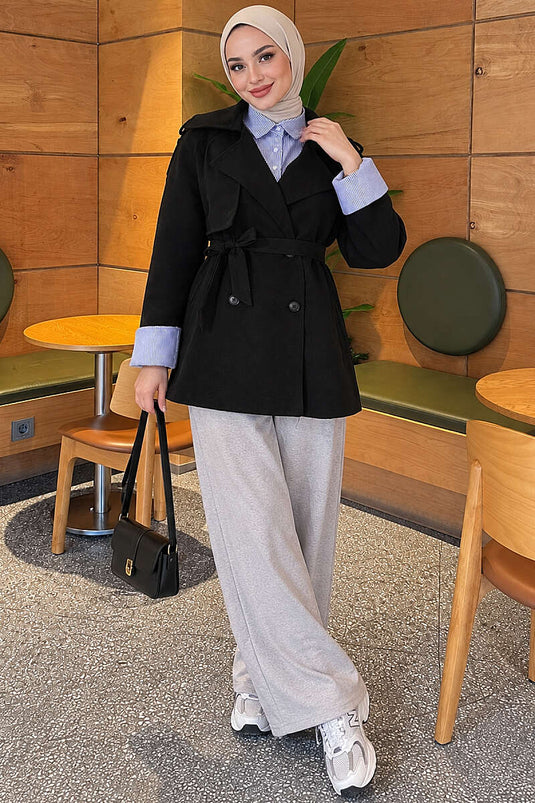 Imperméable Noir À Ceinture Et Matelassé Avec Chemise