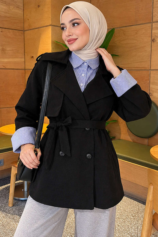 Imperméable Noir À Ceinture Et Matelassé Avec Chemise