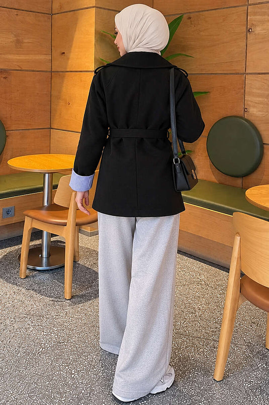 Imperméable Noir À Ceinture Et Matelassé Avec Chemise