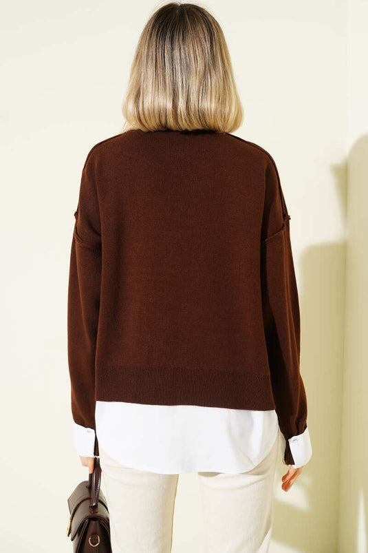 Gömlek Garnili Salaş Triko Kazak Kahve