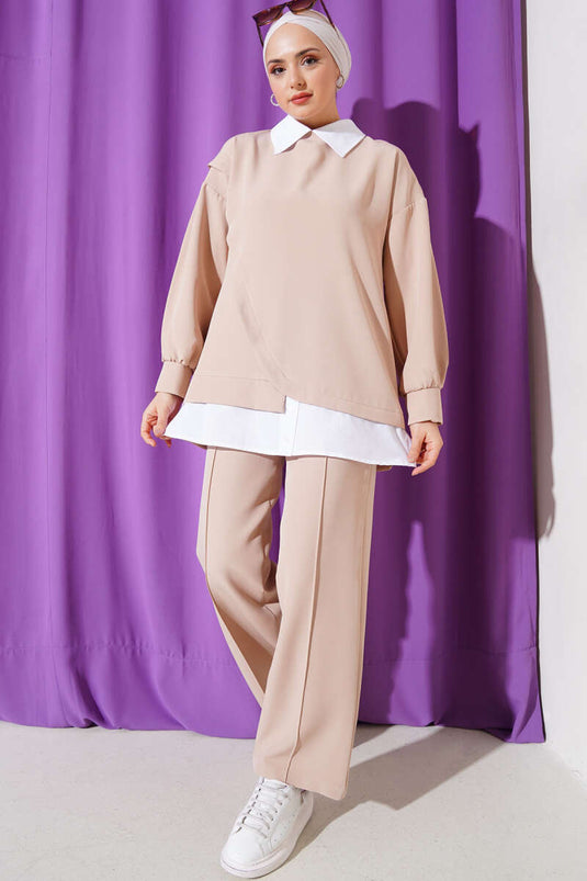 Gömlek Garnili Tunik İkili Takım Bej
