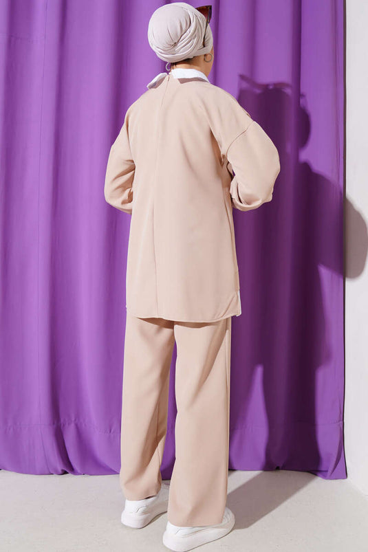 Gömlek Garnili Tunik İkili Takım Bej