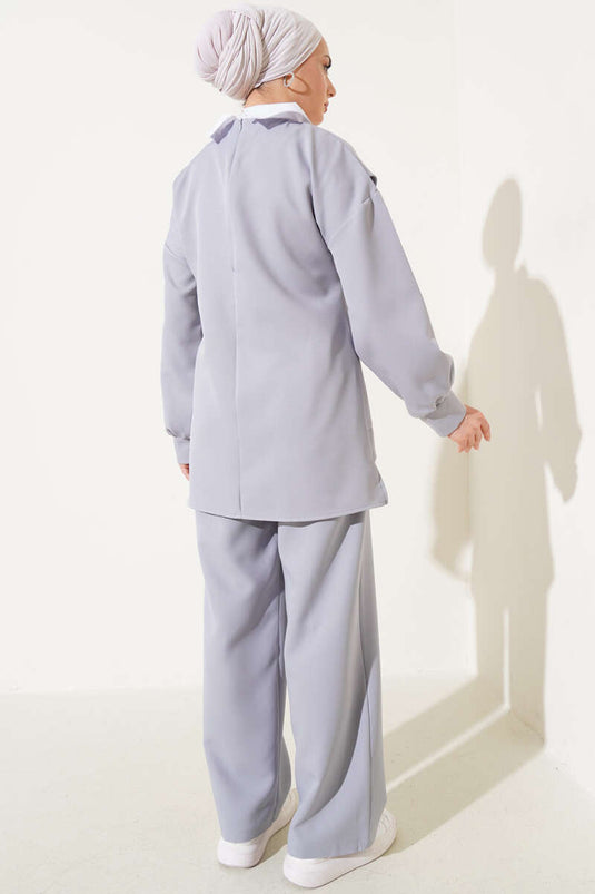 Ensemble double tunique ornée de chemise gris