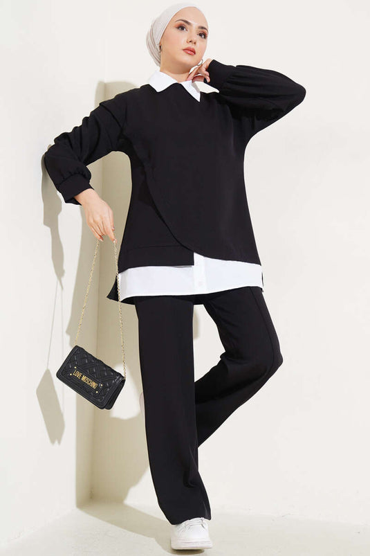 Gömlek Garnili Tunik İkili Takım Siyah