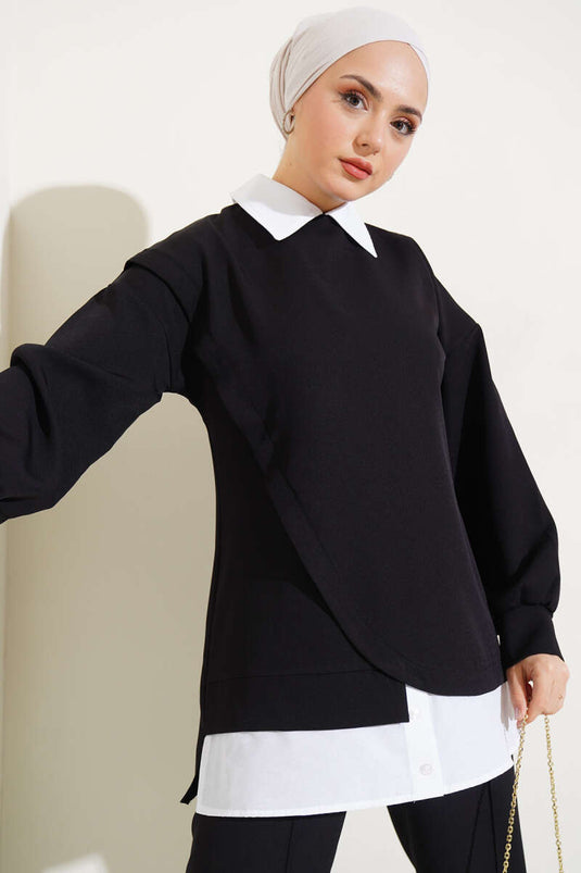 Gömlek Garnili Tunik İkili Takım Siyah