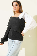 Pull col bateau avec empiècements aux manches, couleur fumée