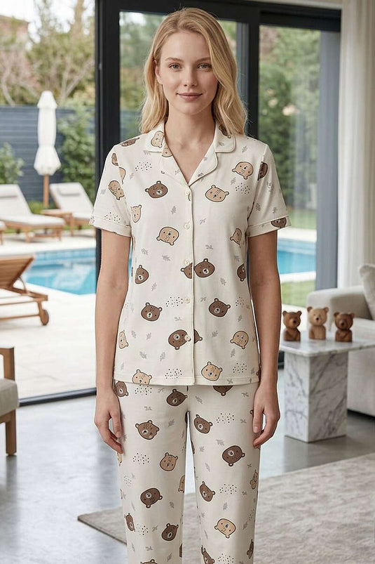 Gömlek Yaka Ayıcık Baskılı Kısa Kol Pijama Takımı Bej