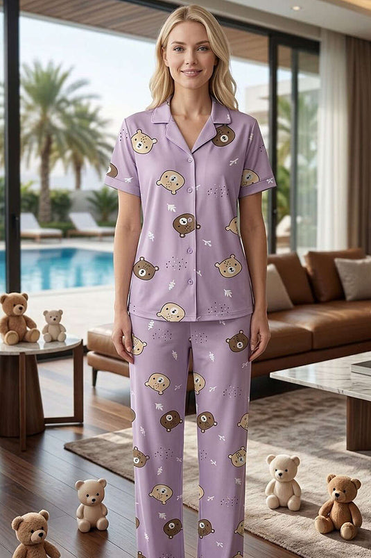 Gömlek Yaka Ayıcık Baskılı Kısa Kol Pijama Takımı Lila