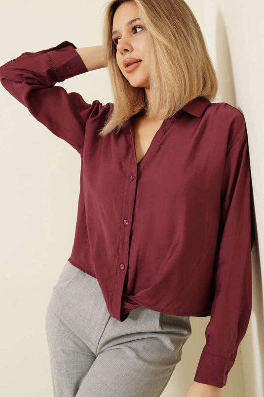 Gömlek Yaka Basic Düğmeli Gömlek Bordo