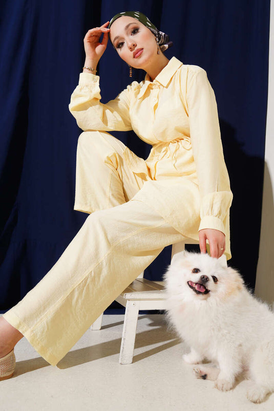 Gömlek Yaka Bel İp Kuşaklı İkili Takım Sarı