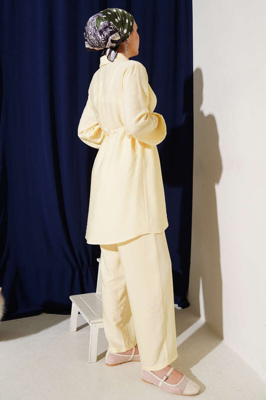 Gömlek Yaka Bel İp Kuşaklı İkili Takım Sarı