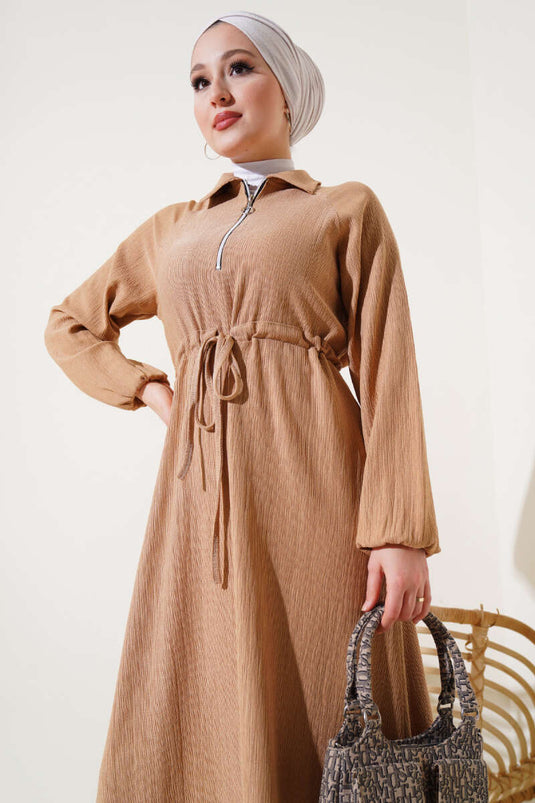 Col Chemise Taille Tunnel Wrap Robe Biscuit