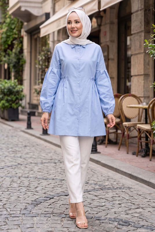 Shirt Collar Tunic with Waist Ruching Detail in Baby Blue