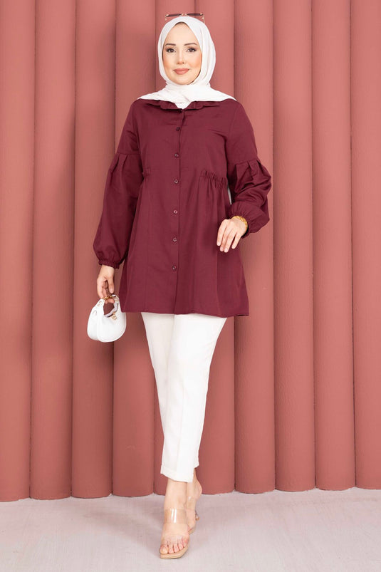 Gömlek Yaka Beli Büzgü Detaylı Tunik Bordo