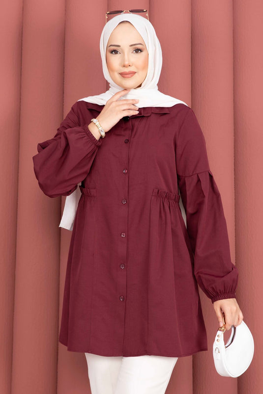 Gömlek Yaka Beli Büzgü Detaylı Tunik Bordo