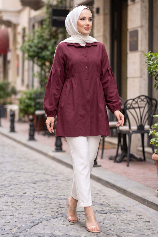 Burgundy Tunic with Shirt Collar and Waist Drawstring Detail