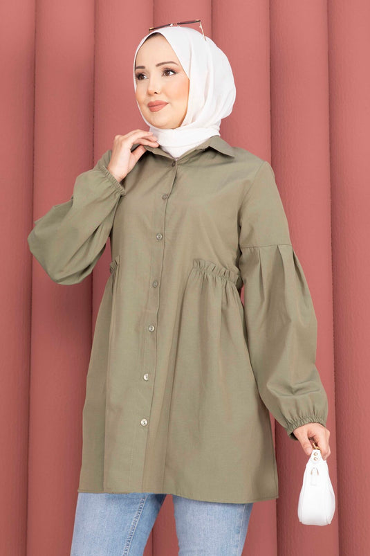 Gömlek Yaka Beli Büzgü Detaylı Tunik  Haki