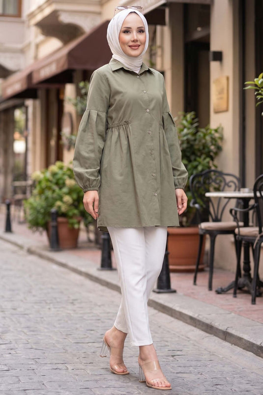 Shirt Collar Tunic with Waist Drawstring Detail in Khaki