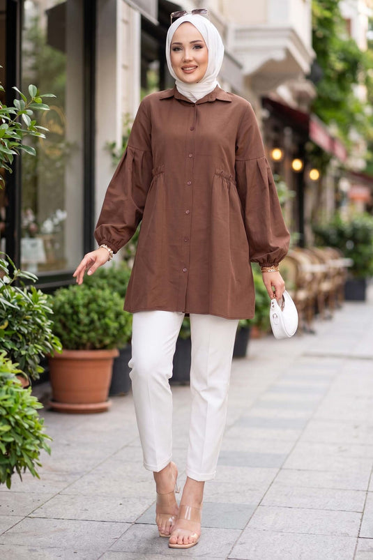 Shirt Collar Tunic with Waist Ruching Detail Brown
