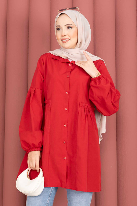 Gömlek Yaka Beli Büzgü Detaylı Tunik  Kırmızı