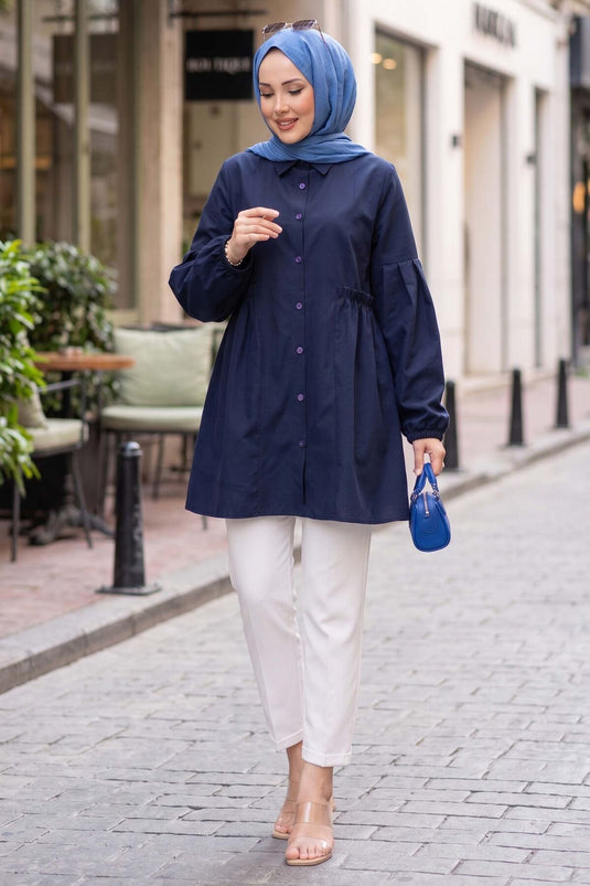 Tunika mit Hemdblusenkragen und geraffter Taille, Marineblau