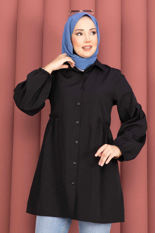 Gömlek Yaka Beli Büzgü Detaylı Tunik  Siyah